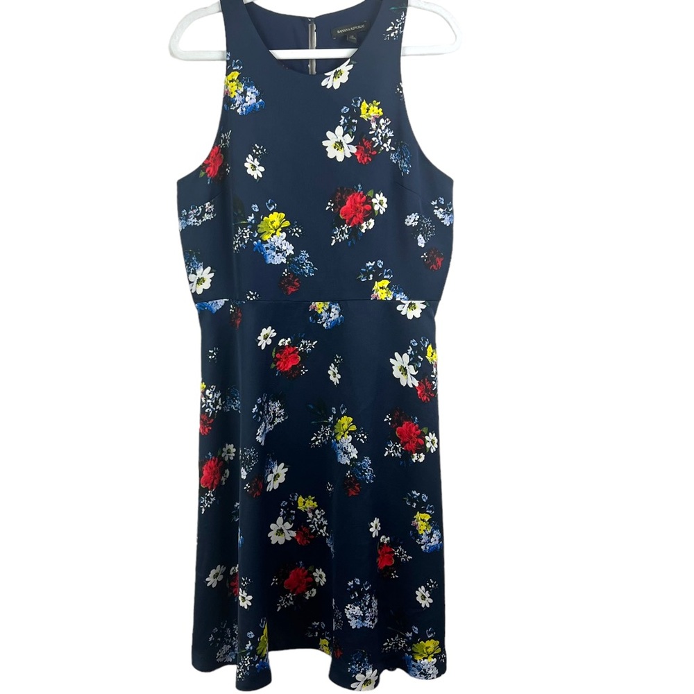 BANANA REPUBLIC Womens 14 Navy Blue Floral Sleeveless Dress Back Zip Button